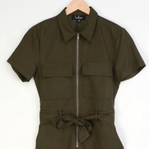 Olive Green Zip-Front Utility Romper - Picture 3 of 5